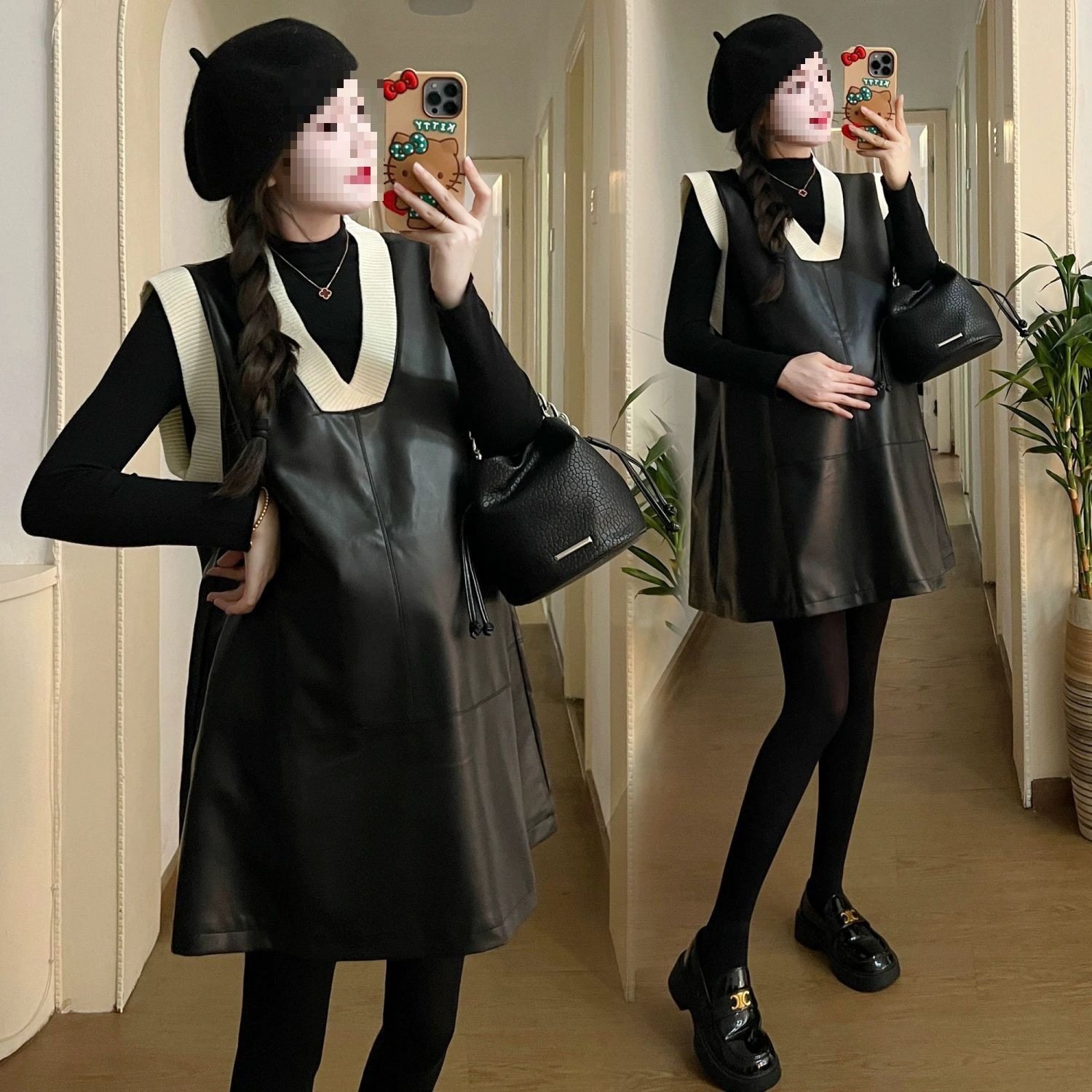 Maternity Wear Spring New Style Black Sweet Cool Style Leather Contrast Vest Dress Suit Fashion Dress Petite