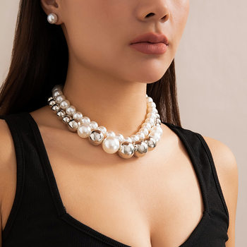 European and American Cross-Border Jewelry, Exaggerated Big Beads, Fashionable Short Necklace Choker, Punk Elegant Imitation Pearl Necklace