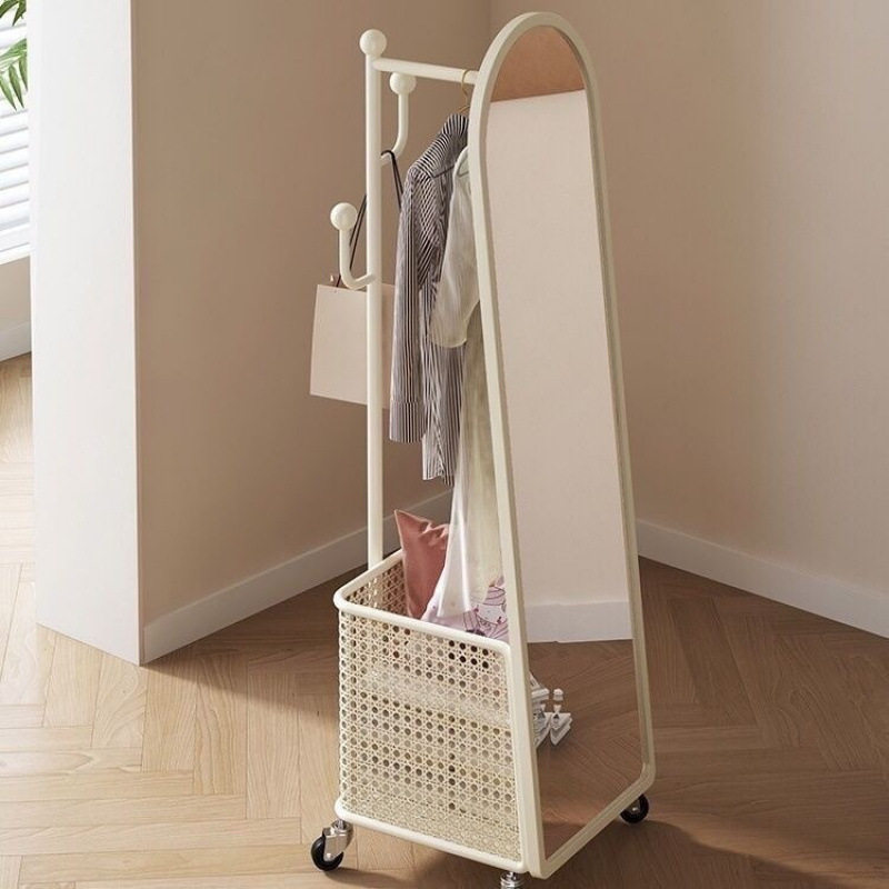 Cream-Style Full-Length Mirror, Rotating Dressing Mirror, Fitting Mirror, Mobile Floor-Standing Clothes Rack, Floor Mirror, Integrated Coat Rack