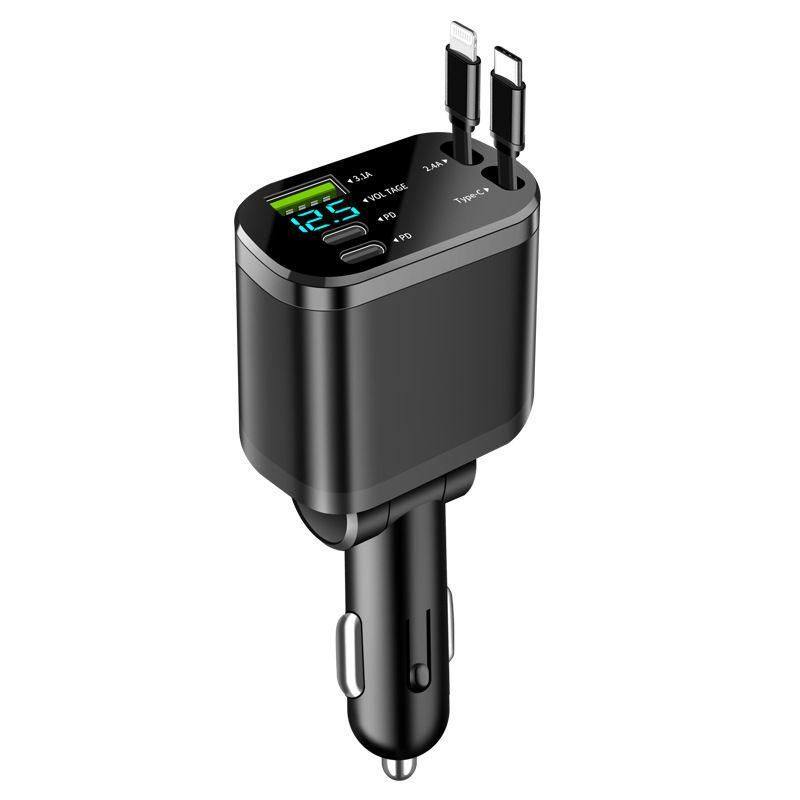 Car Charger Supports Fast Charging, Comes with Retractable Cable, One-To-Five Digital Display Cigarette Lighter, Universal Cross-Border