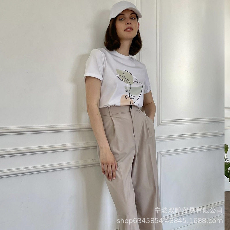 Abstract Aesthetic Printed T Shirt for Women Soft Cotton Loose Fit Basic Style Summer Casual Wear Wholesale