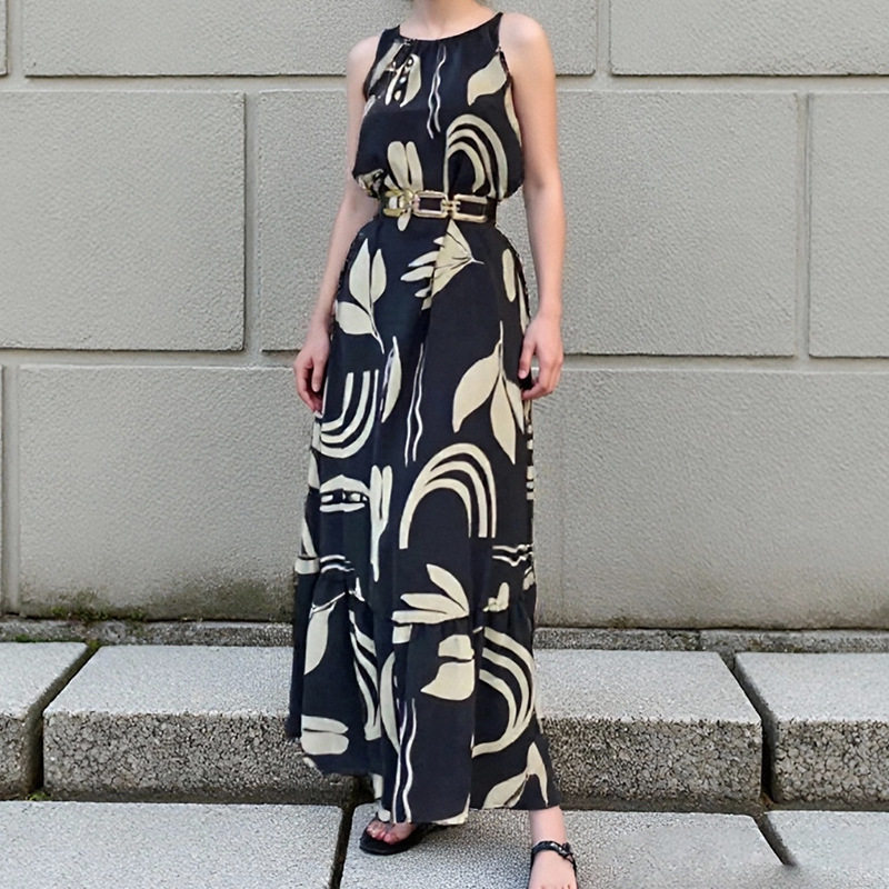 Womens Spring Floral Print Sleeveless Dress Elegant Fit Flare Design Perfect for Casual or Formal Occasions