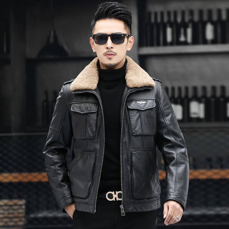 Áo Khoác Da Bò Nam Lót Lông Cổ Ấm Áp Dáng Bomber Màu Đen