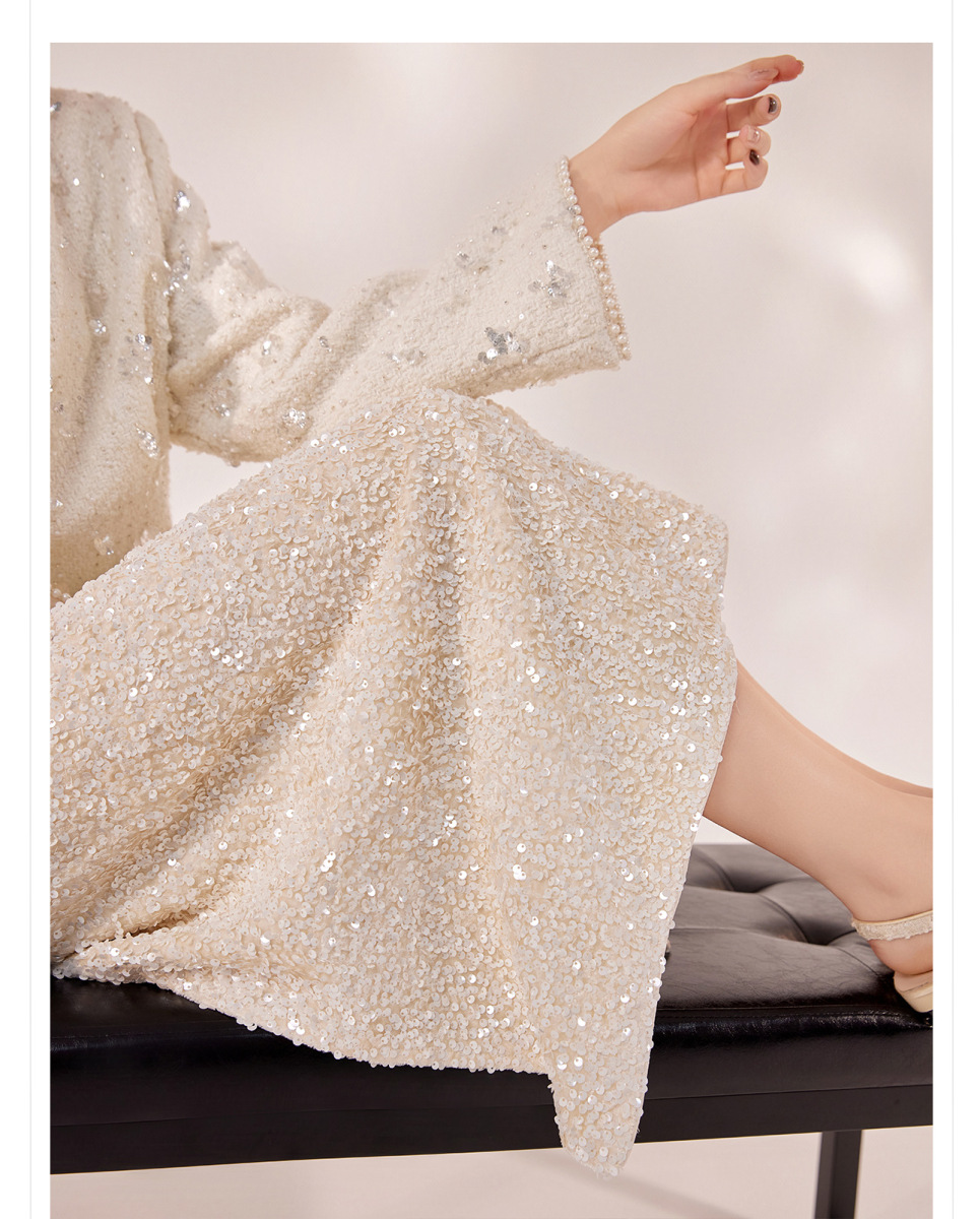 Chân váy dài lưng cao dáng chữ A phối sequin lấp lánh — Màu mơ