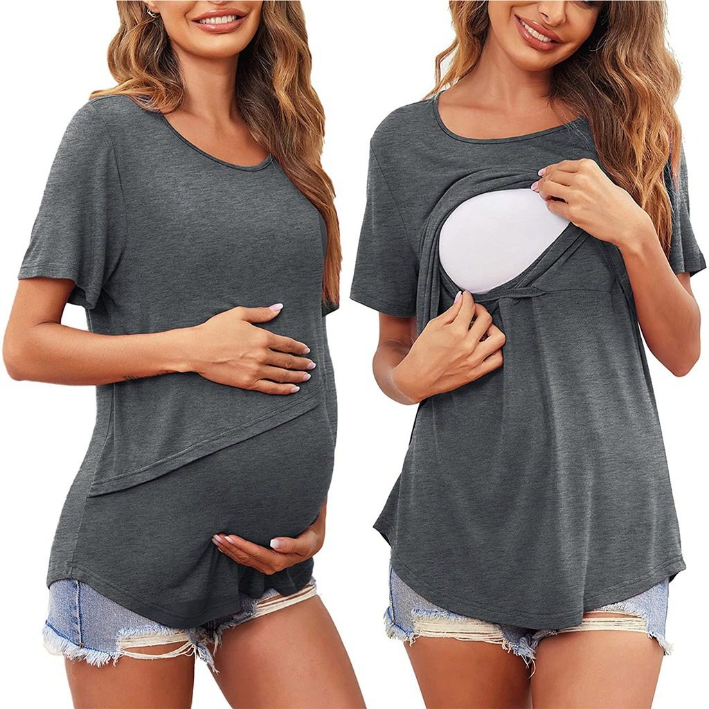European and American Summer Pregnant Women Solid Color Round Neck Short Sleeve Breastfeeding Postpartum Care Top T-shirt