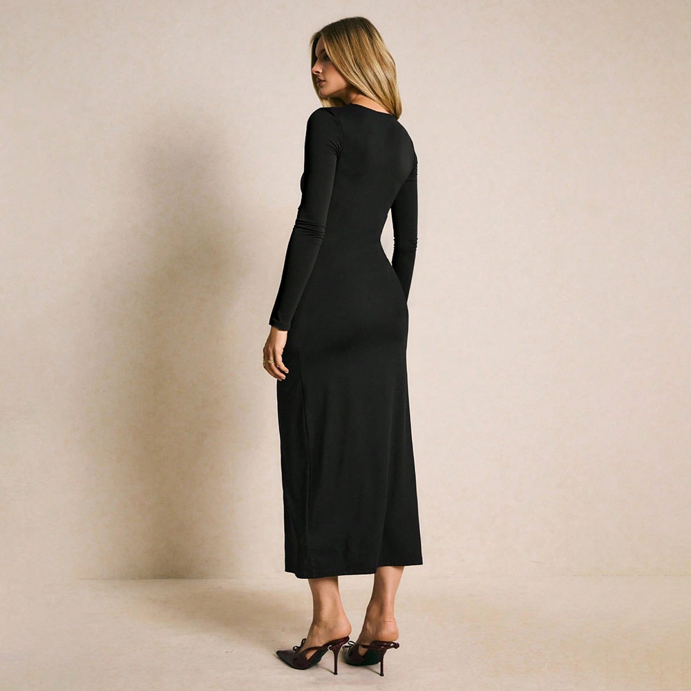 Vintage Black Long Sleeve Dress with Metal Buckle Slim Fit Side Slit Spring Fall Style Wholesale Available