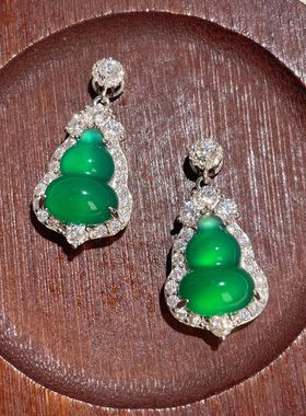 s925纯银国潮天然冰绿玉髓葫芦吊坠福禄翡翠帝王绿色颈饰项链挂坠