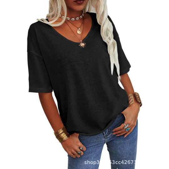 Women's T-shirt V-neck Half-sleeve Loose Shirt Casual Solid Color Basic Top
