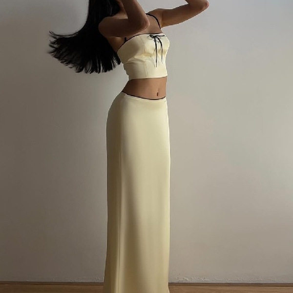 Sweet Lace Trim Cami Top and Long Skirt Set Adjustable Straps Elegant Design Winter Fashion Wholesale Available