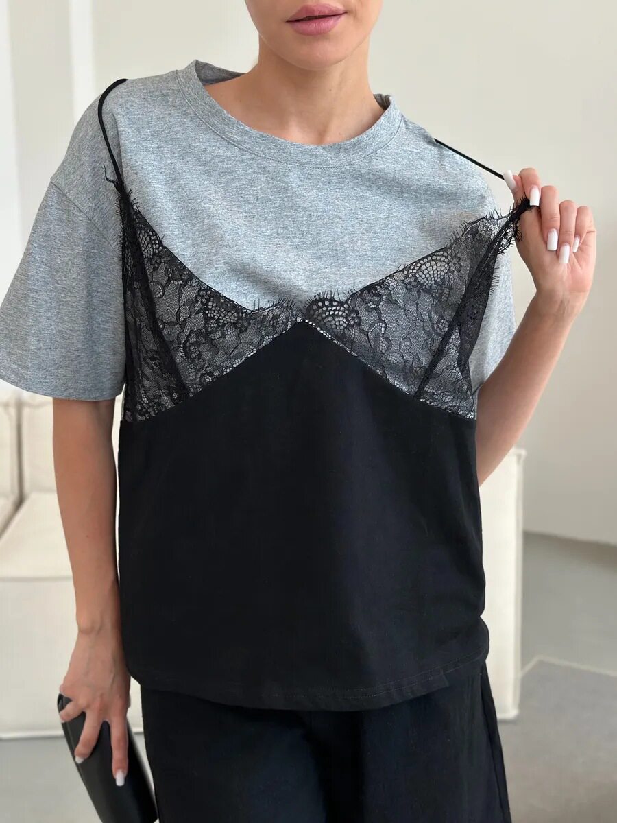 Lace Trimmed Loose Fit T Shirt Short Sleeve Round Neck Casual Style Perfect for Summer Wear Wholesale Available
