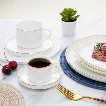 Wholesale Simple Household Hotel Gold-Rimmed Ceramic Shallow Plate Set Promotional Gift Export White Bone China Coffee Cup and Saucer