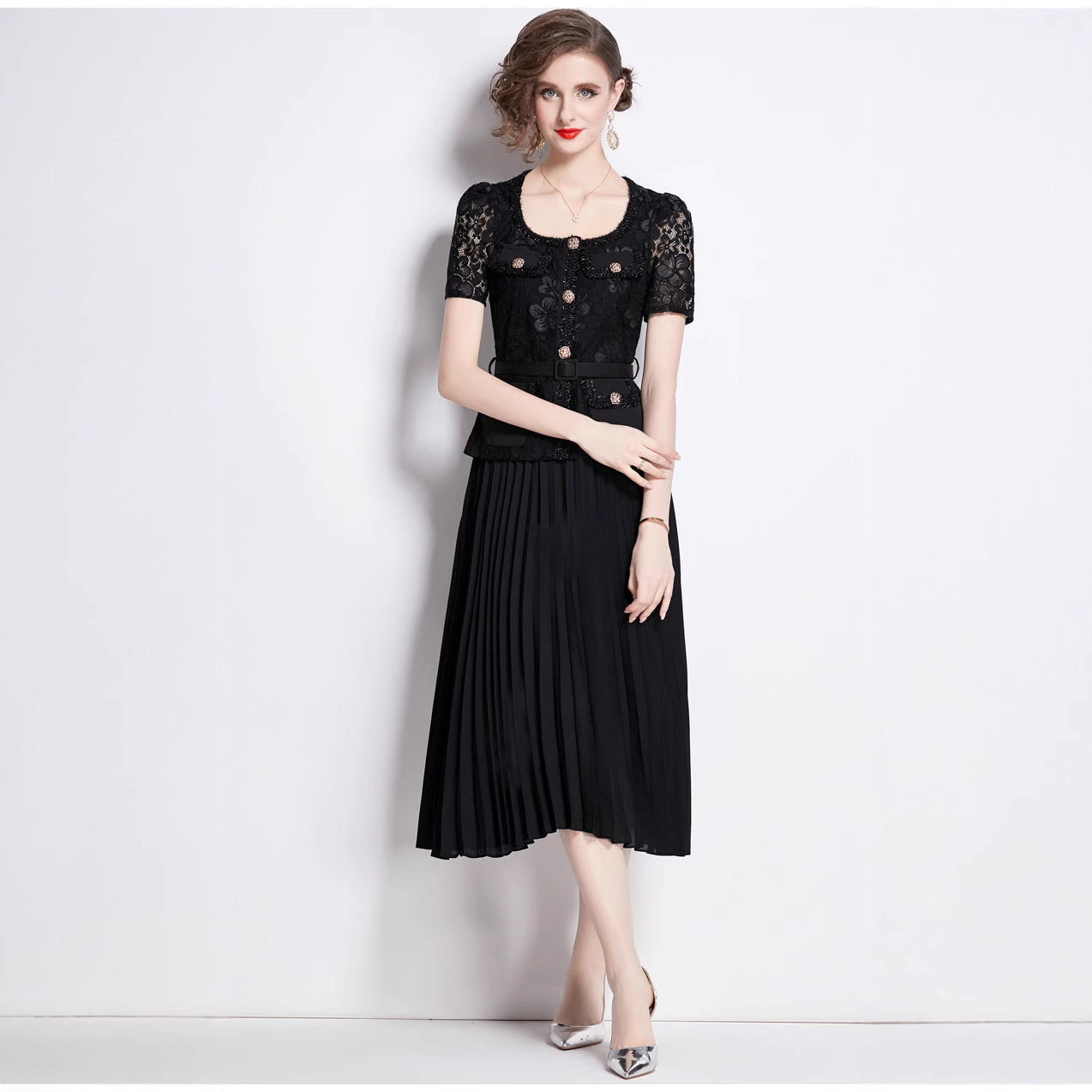 French Style Elegant Womens Dress High End Lace Trimmed Pleated Long Skirt Perfect for Formal Events Wholesale