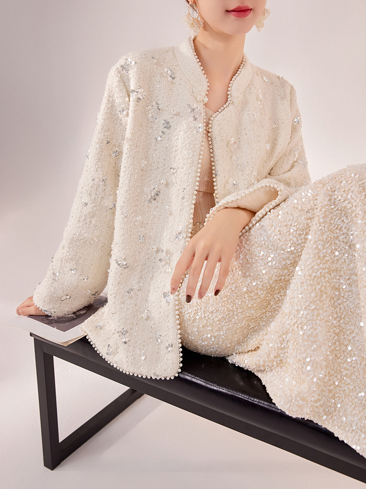 Chân váy dài lưng cao dáng chữ A phối sequin lấp lánh — Màu mơ