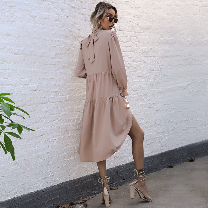 Plus Size Solid Color Asymmetrical Midi Dress Long Sleeve High Neck Fashionable Design Ideal for Casual or Formal