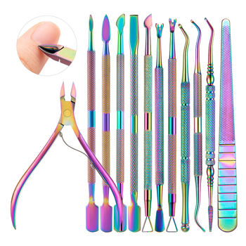 Color titanium stainless steel nail art steel push magic color nail file to remove dead skin push nail remover nail art dead skin fork tool set