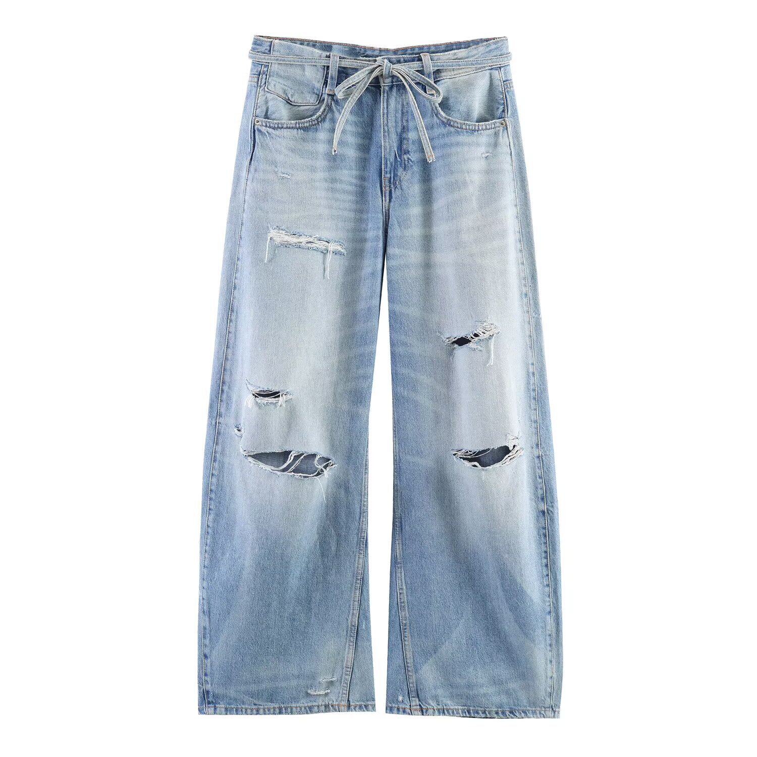 Women's Hole Decoration Design Mid-waist Loose Jeans