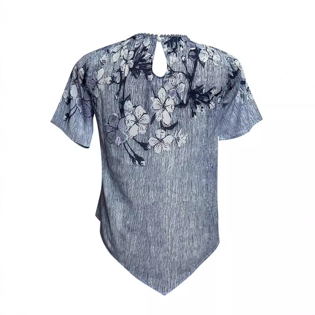 Floral Print Layered Short Sleeve Top Irregular Hem Round Neck Summer Style Wholesale Availability