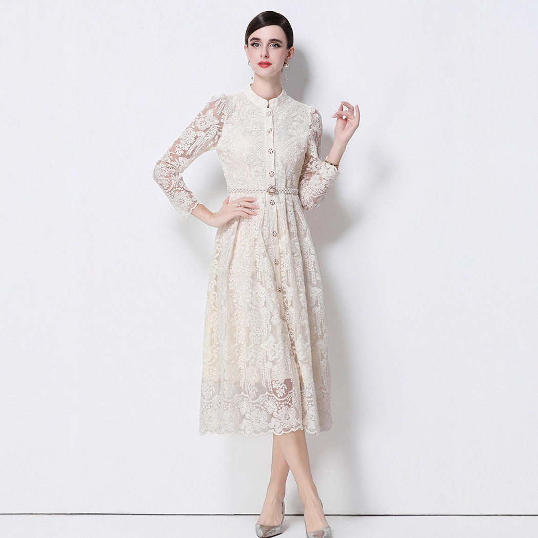 Elegant French High End Womens Dress Heavy Embroidery Single Breasted Waist Tie Long Tulle Skirt Autumn Collection