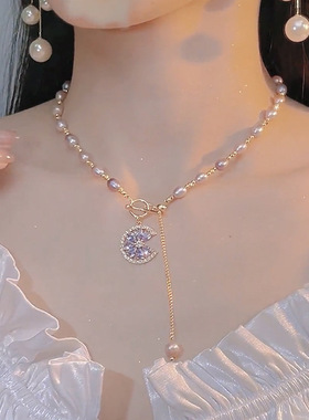紫色锆石天然珍珠项链锁骨链女