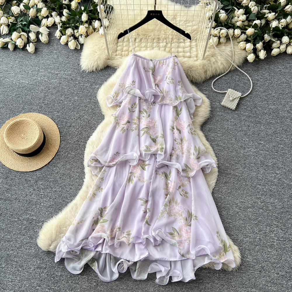 French Vacation Style Purple Floral Sleeveless Dress Ruffle Hem Flattering Fit Summer Elegance Wholesale Available