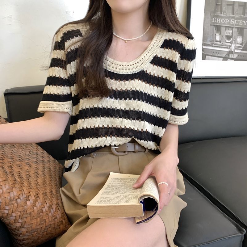 Vintage Striped Short Sleeve T Shirt Womens Summer Knit Top with Hollow Design Casual Wear for Everyday Use OEM