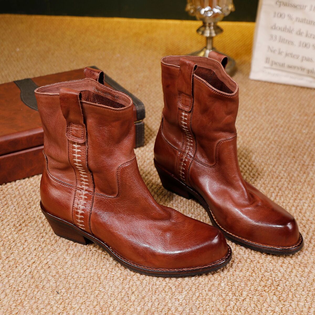 Boot Chelsea nữ da bò thật gót vuông mũi nhọn cổ thấp — màu đen, Màu nâu