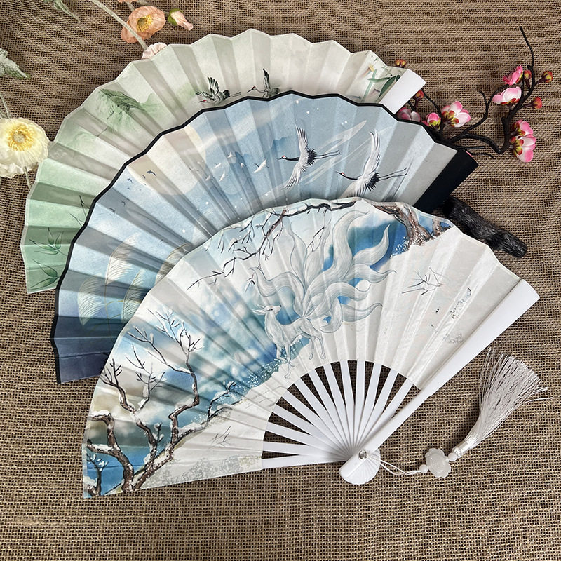 8 inch new double-sided students dance fan antique silk cloth disco plastic fan folding fan female manufacturers wholesale