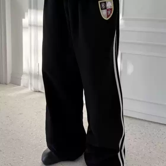 American-Style Trendy Brand Three-Stripe Embroidered Badge Wide-Leg Casual Pants Unisex Loose Straight Striped Sweatpants Men's Sports Long Pants