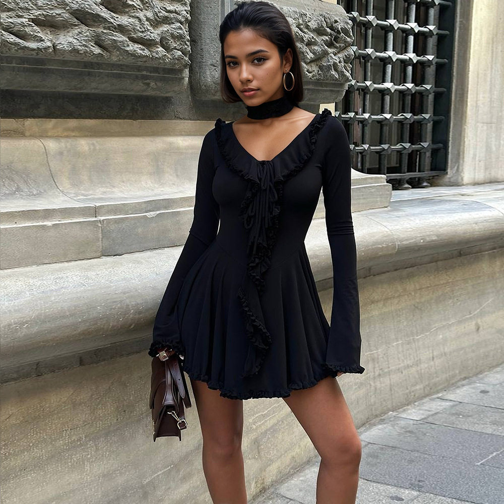 Chiffon A Line Dress Long Sleeve V Neck Ruffle Trim Slim Fit Fashionable for Parties or Casual Events Wholesale