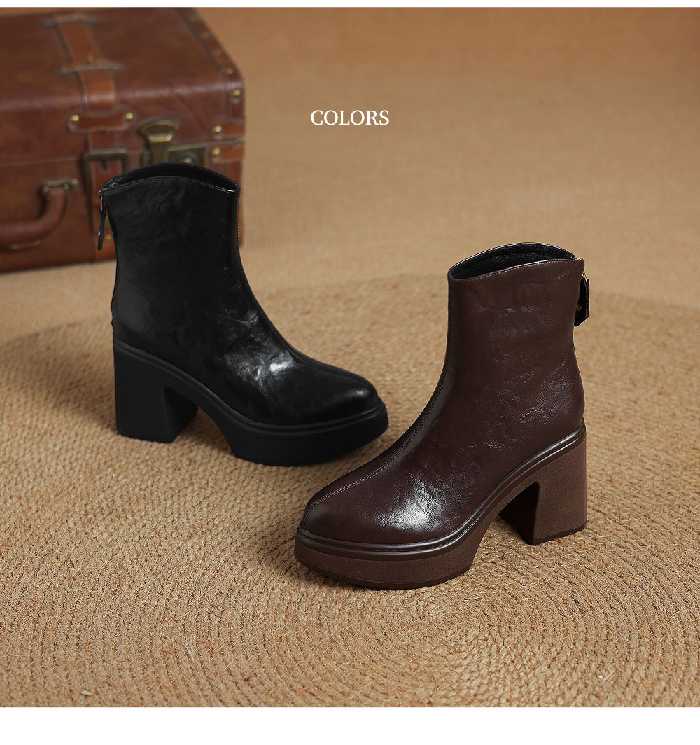 Boot nữ da bò gót thô 9,5cm cổ ngắn khóa kéo sau — Lớp lót đơn màu đen, Lớp lót đơn màu nâu đậm, Lót nhung đen, Lót nhung màu nâu đậm