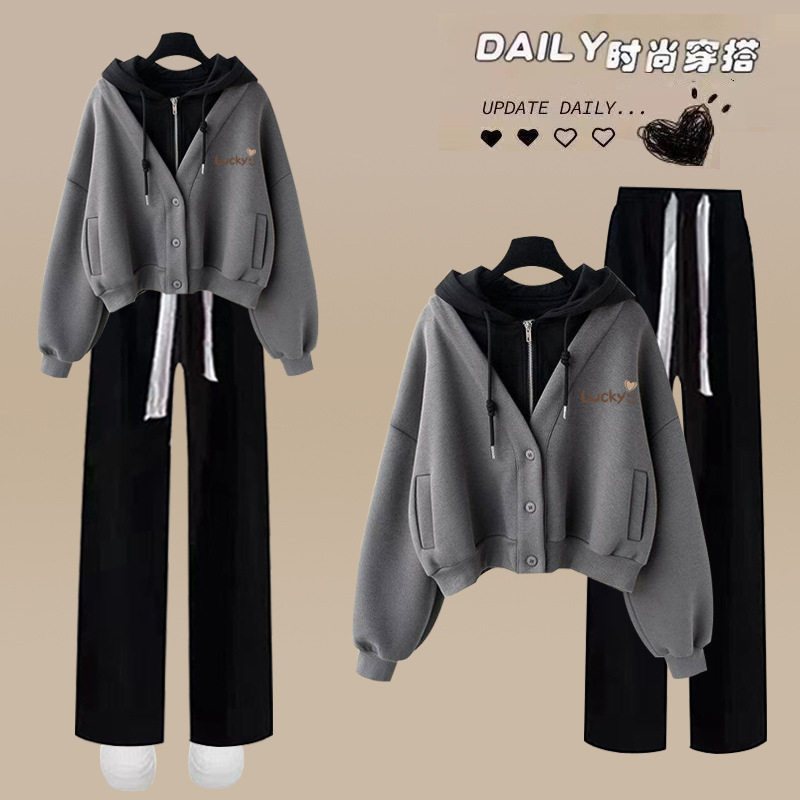 College style suit female junior high school students autumn and winter suit 2024 new fake two-piece hooded sweater casual pants two-piece set