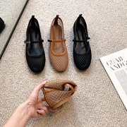 Soft-Soled Korean Mary Jane Shoes for Women 2025 Summer New Style Cut Out Fishnet Soft-Soled Round-Toe Flats Shoes Mesh Weaving