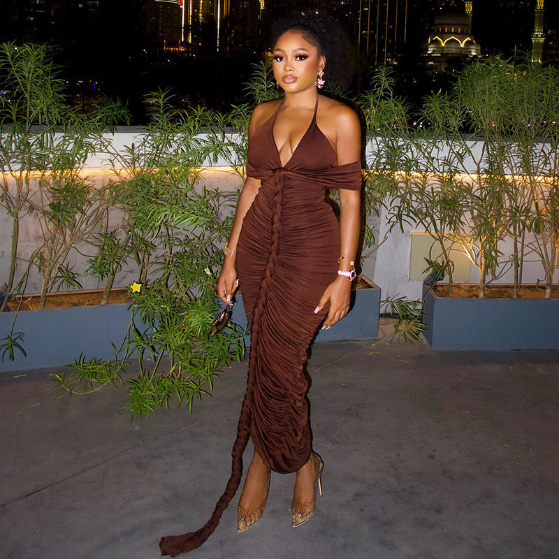 Casual V Neck Long Dress Solid Color Bodycon Fit Ruched Design Unique Style Perfect for Parties or Everyday Wear