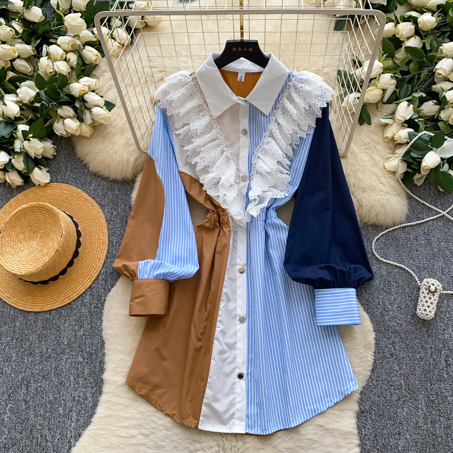 Vintage Color Block Two Piece Shirt Dress Long Sleeve Striped Waist Defined Mid Length Summer Casual Wear