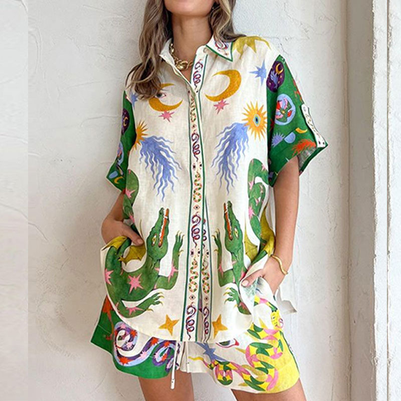 Womens Floral Print Shirt and Tie Front Shorts Set Casual Elegant Style Spring Collection Wholesale Available