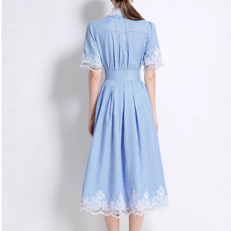Pink Lace Trimmed Striped Short Sleeve Shirt Set High Waist Flattering A Line Skirt Casual Chic Outfit Wholesale