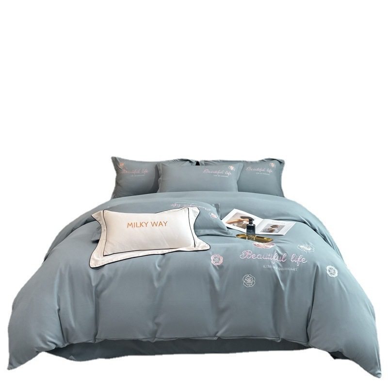Light luxury embroidery brushed four-piece set solid color thickened quilt cover European bed sheet high-grade bedding four seasons Universal