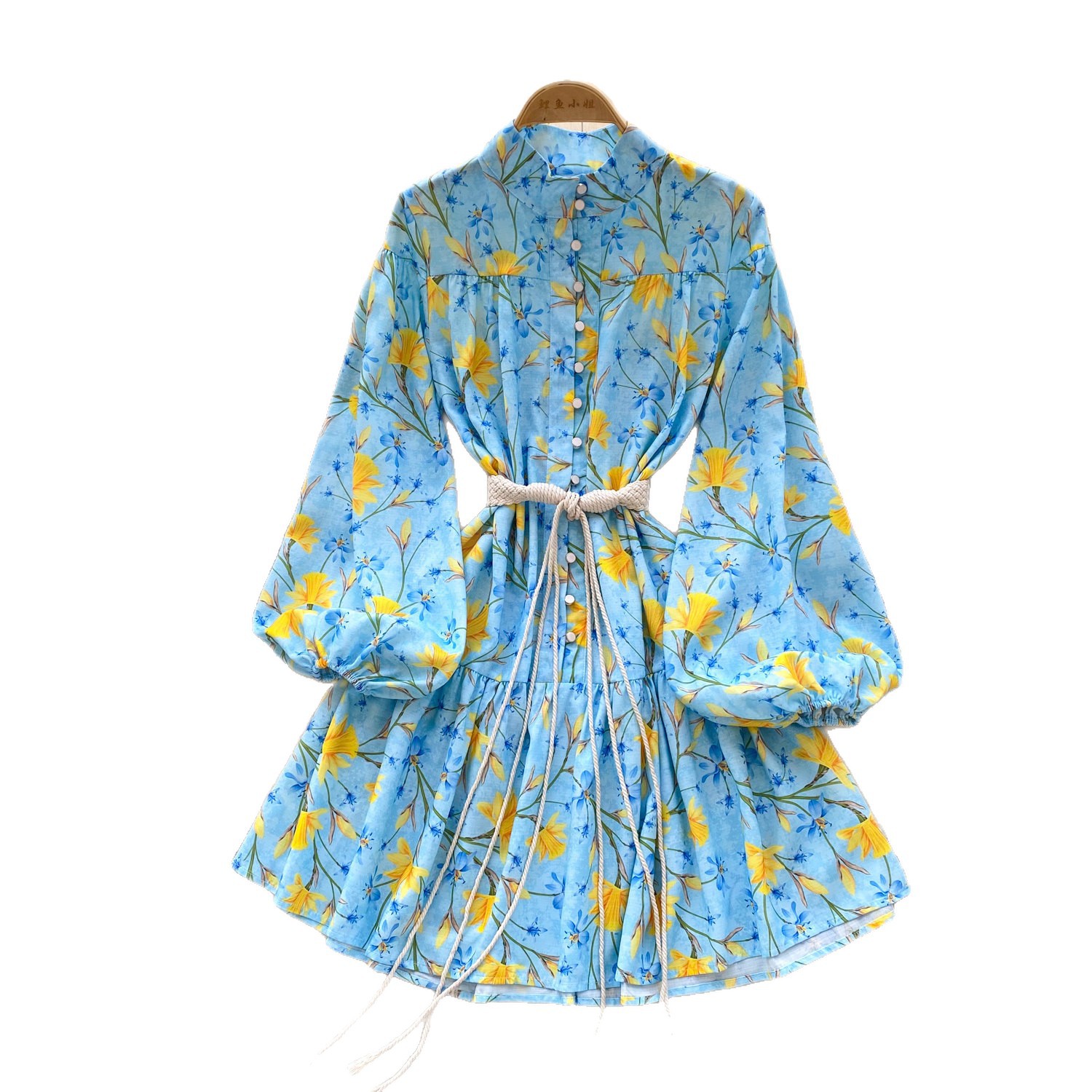 Vintage French Style Blue Floral Long Sleeve Dress Stand Collar Tie Waist Slim Fit A Line Elegant for Spring and