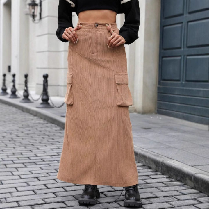 Vintage Corduroy Long Split Skirt Womens Casual Workwear Retro Style for Everyday Wear Wholesale Available