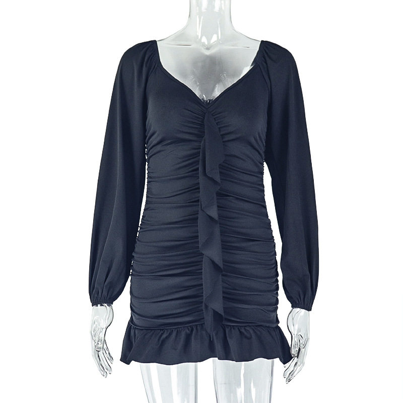 Casual Womens Dress Solid Color Ruffled Hem U Neck Long Sleeve Bodycon Fit Perfect for Parties or Everyday Wear
