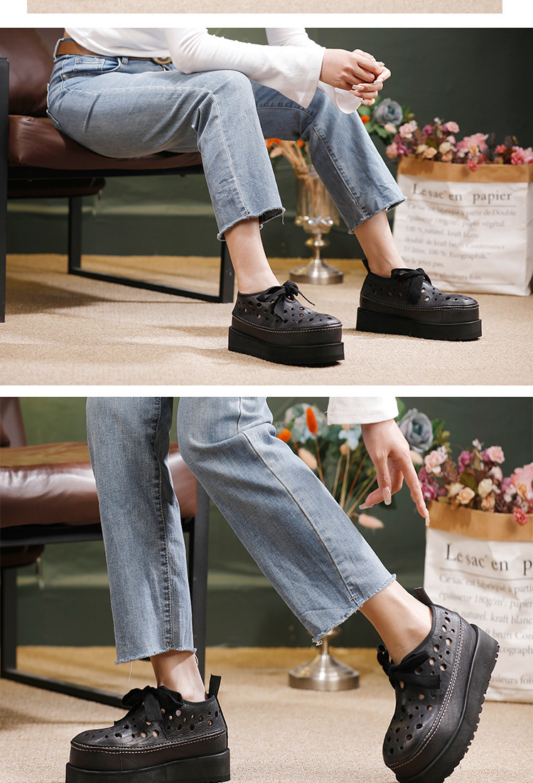 Sandal nữ đế dày 7cm da bò đầu lớp, mũi tròn, quai buộc phía trước — màu đen, Xanh nhạt