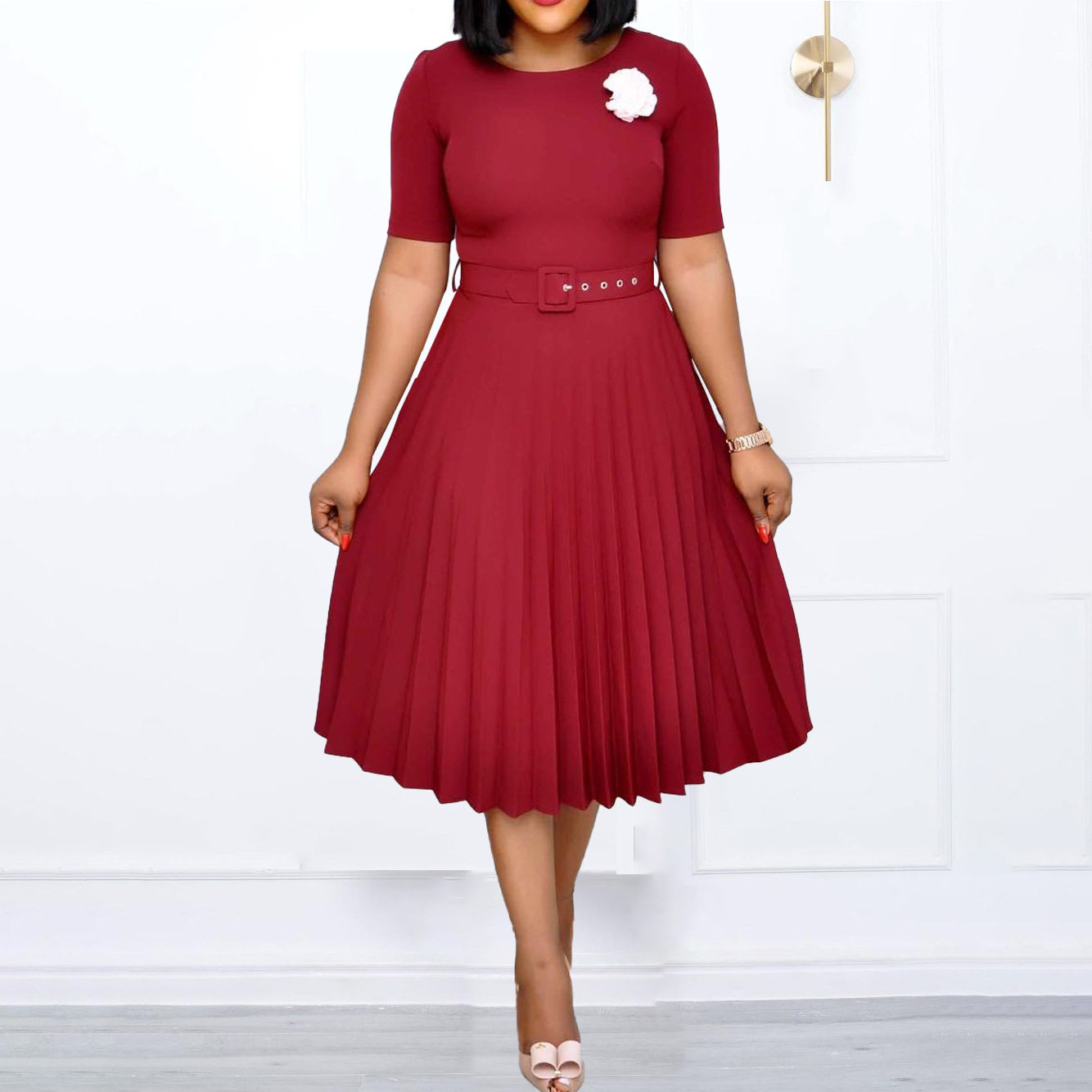 Plus Size Womens Summer Dress Belted Pleated Round Neck Mid Length Casual or Formal Occasions Wholesale Available