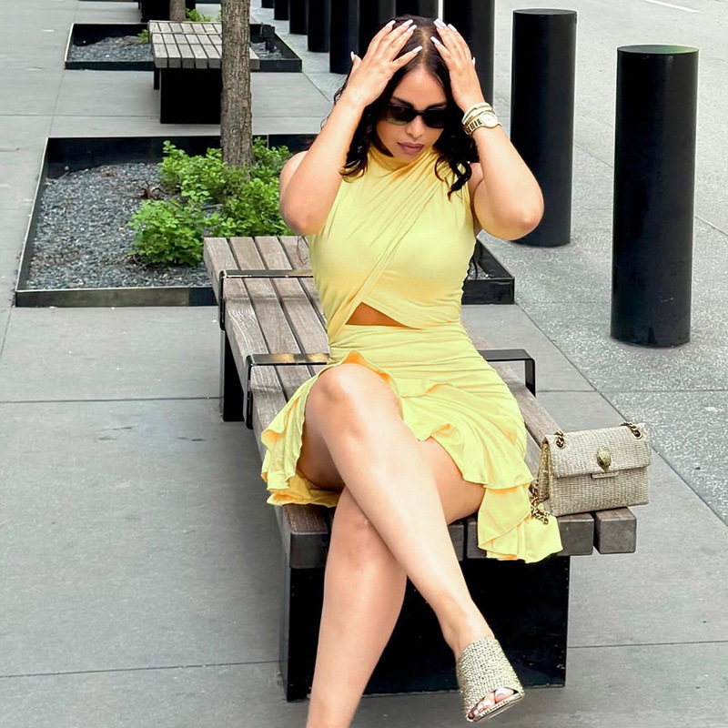 Solid Color A Line Dress for Women Ruffled Waist Hollow Out Design Short Sleeve Casual Style Wholesale Available