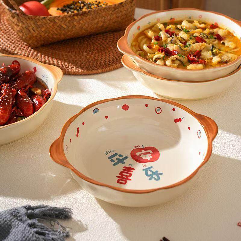 Underglaze Double-Eared Stone-Pattern Soup Bowl for Home Use, Suitable for Maoxuewang (Spicy Beef Soup), Pickled Cabbage Fish, Bowls and Chopsticks, Boiled Meat, Crayfish, Spicy Hot Pot