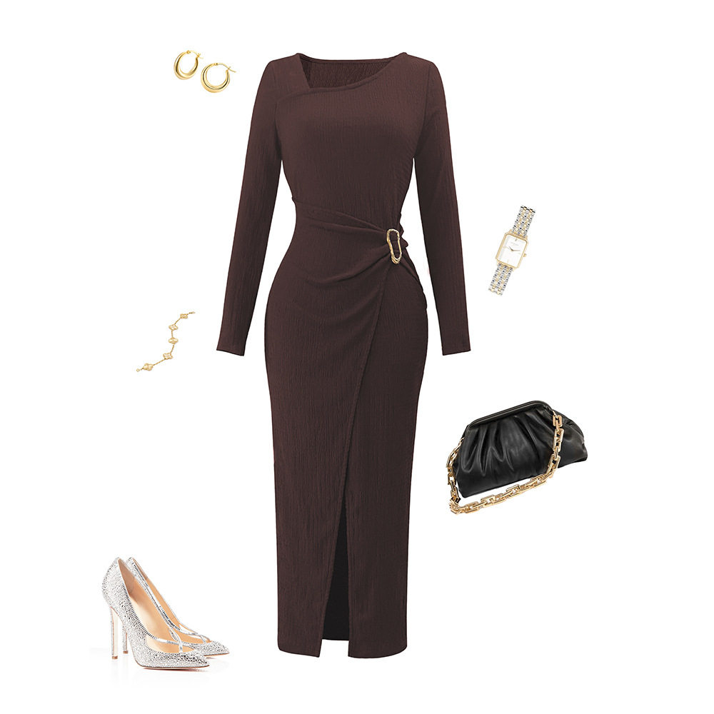 Slim Fit Knitted Dress for Women Deep Brown Color Asymmetrical Neckline Metal Ring Detail Side Slit Long Sleeve