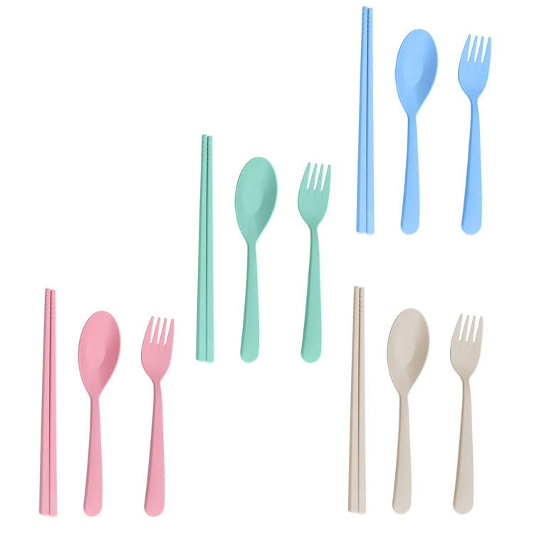 Student Outdoor Portable Three-Piece Wheat Tableware Children's Tableware Fork Spoon Chopsticks Portable Tableware Set Gift