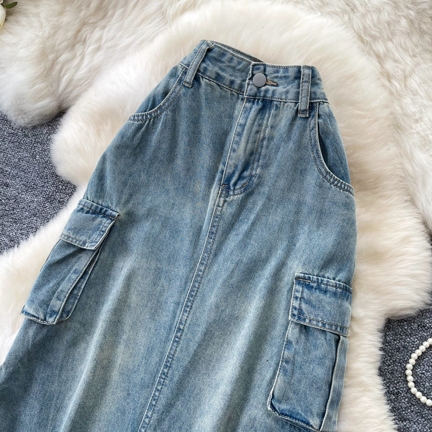 High Waisted Denim A Line Skirt Korean Style Utility Pockets Slim Fit Spring Fashion Versatile for Work Wholesale