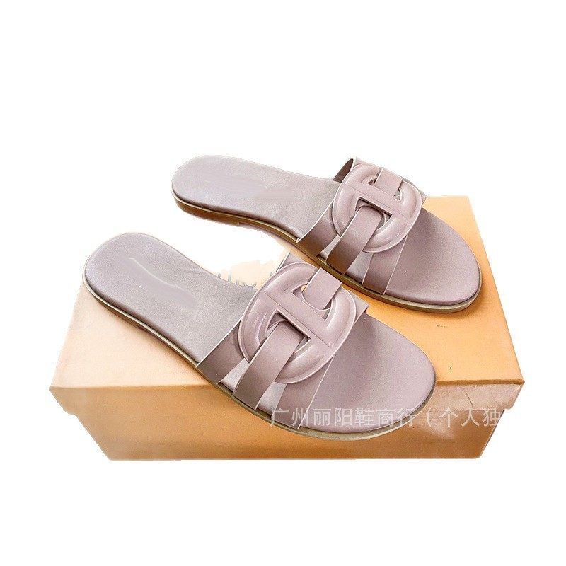 New D Brand French-Style Woven Low-Heeled Hollow Solid Color Slip-On Sandals for Women, Summer Flat Open-Toe Sandals