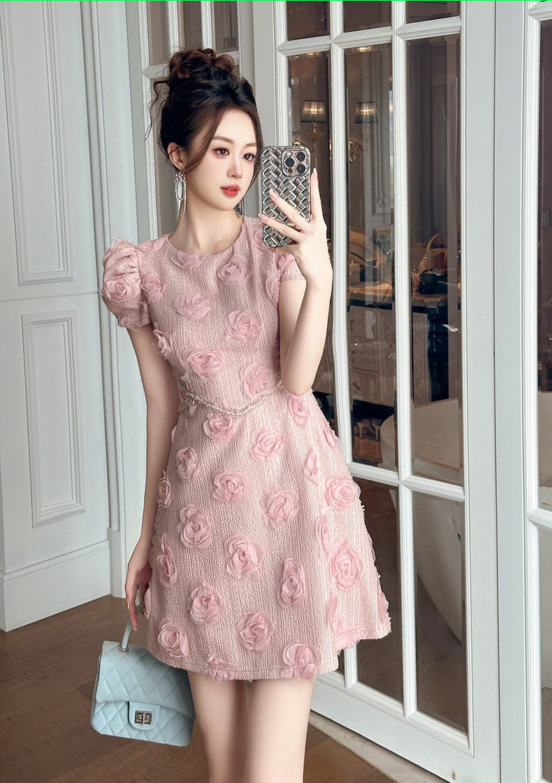 Đầm suông nữ midi tay ngắn cổ tròn eo cao dáng chữ A phong cách Pháp — [Hồng] chi tiết 1