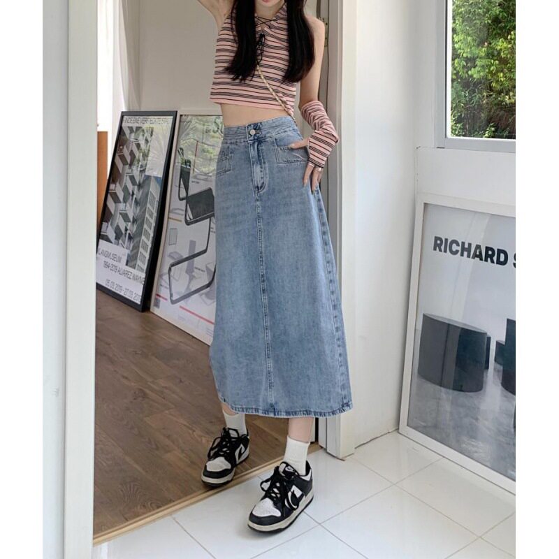 High Waisted Denim Midi Skirt Pocket Design Loose Fit Washable Fabric Summer Casual Wear Wholesale Available